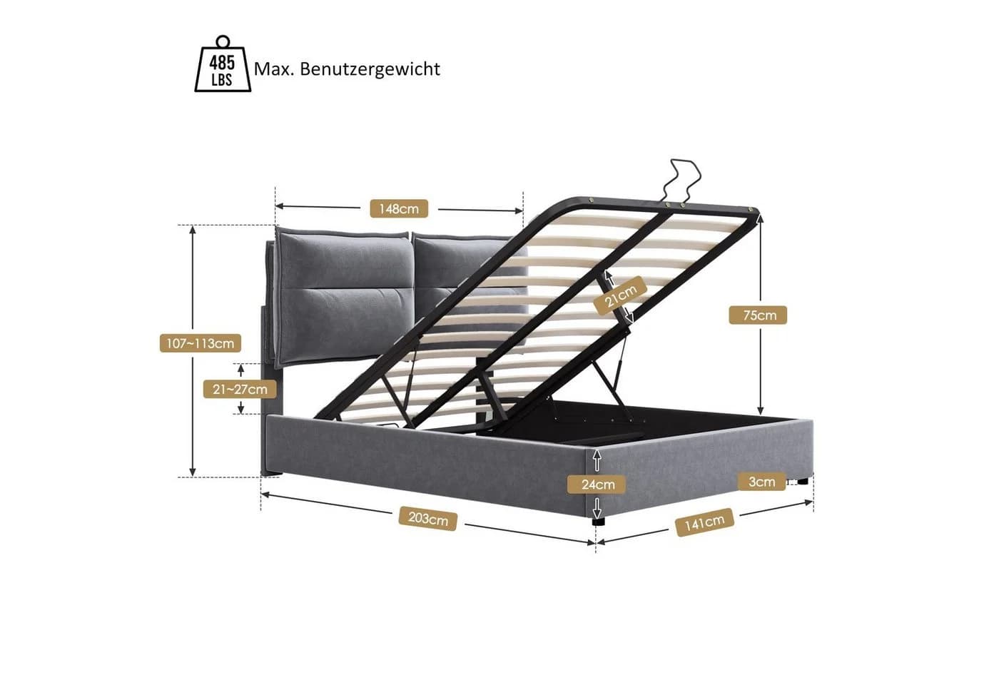 Flieks Polsterbett Hydraulisch Samt Grau 140x200cm - Bild 4