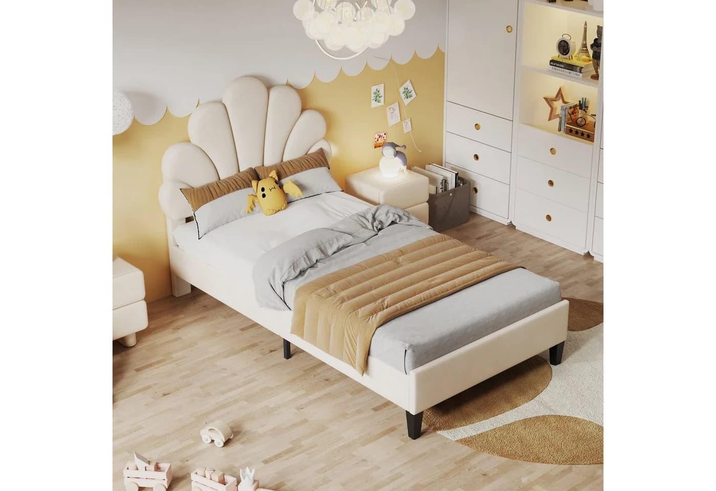 Flieks Polsterbett Kinderbett Blumenform Samt Beige