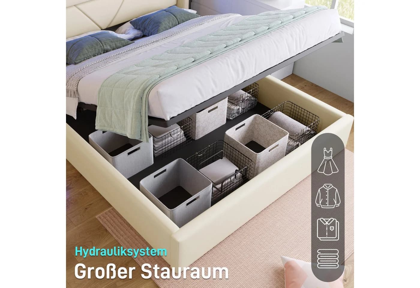 Flieks Polsterbett Weiß mit LED und Hydraulik-Stauraum - Bild 5