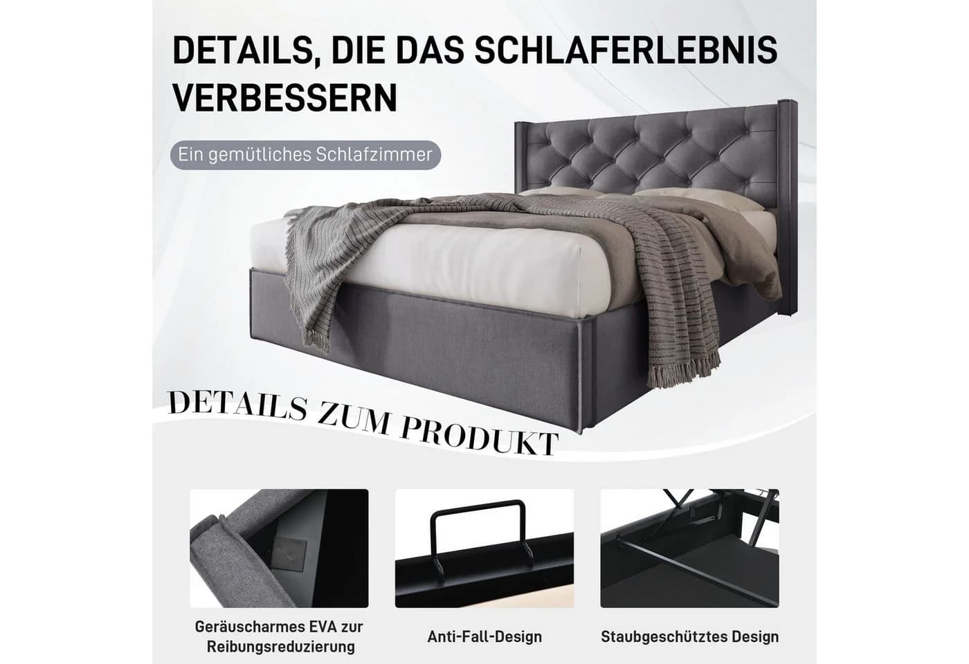 Flieks Polsterbett Hydraulisches Stauraumbett Grau - Bild 5