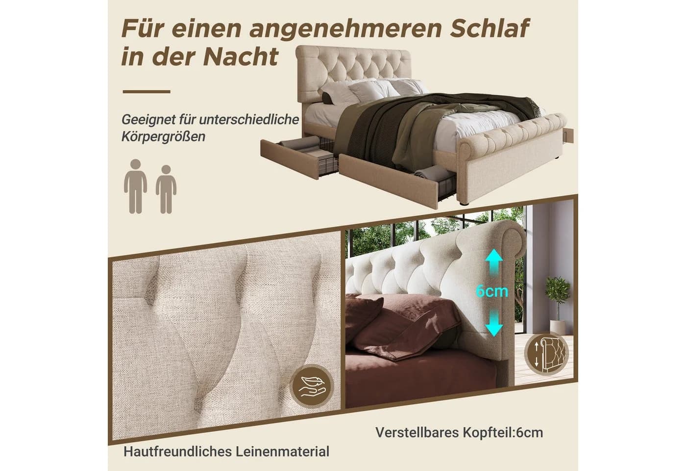 Flieks Polsterbett 140x200 mit 4 Schubladen Leinen Bezug - Bild 3