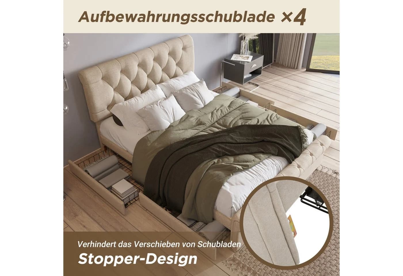 Flieks Polsterbett 140x200 mit 4 Schubladen Leinen Bezug - Bild 4