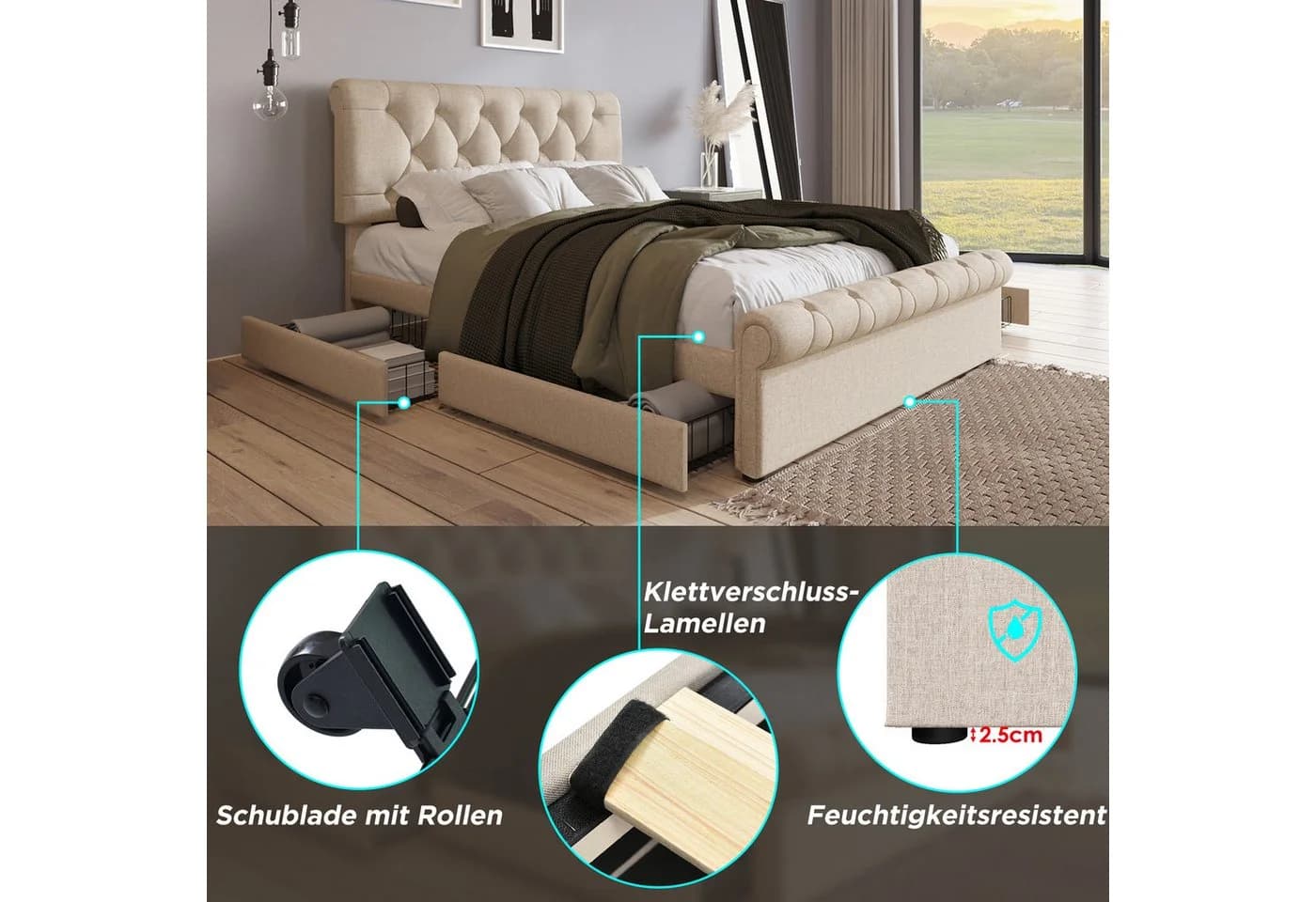 Flieks Polsterbett 140x200 mit 4 Schubladen Leinen Bezug - Bild 5