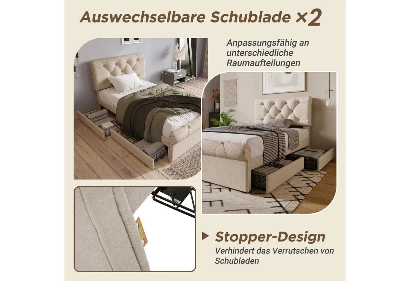 Flieks Polsterbett Einzelbett Stauraumbett mit Schubladen Leinen - Bild 3