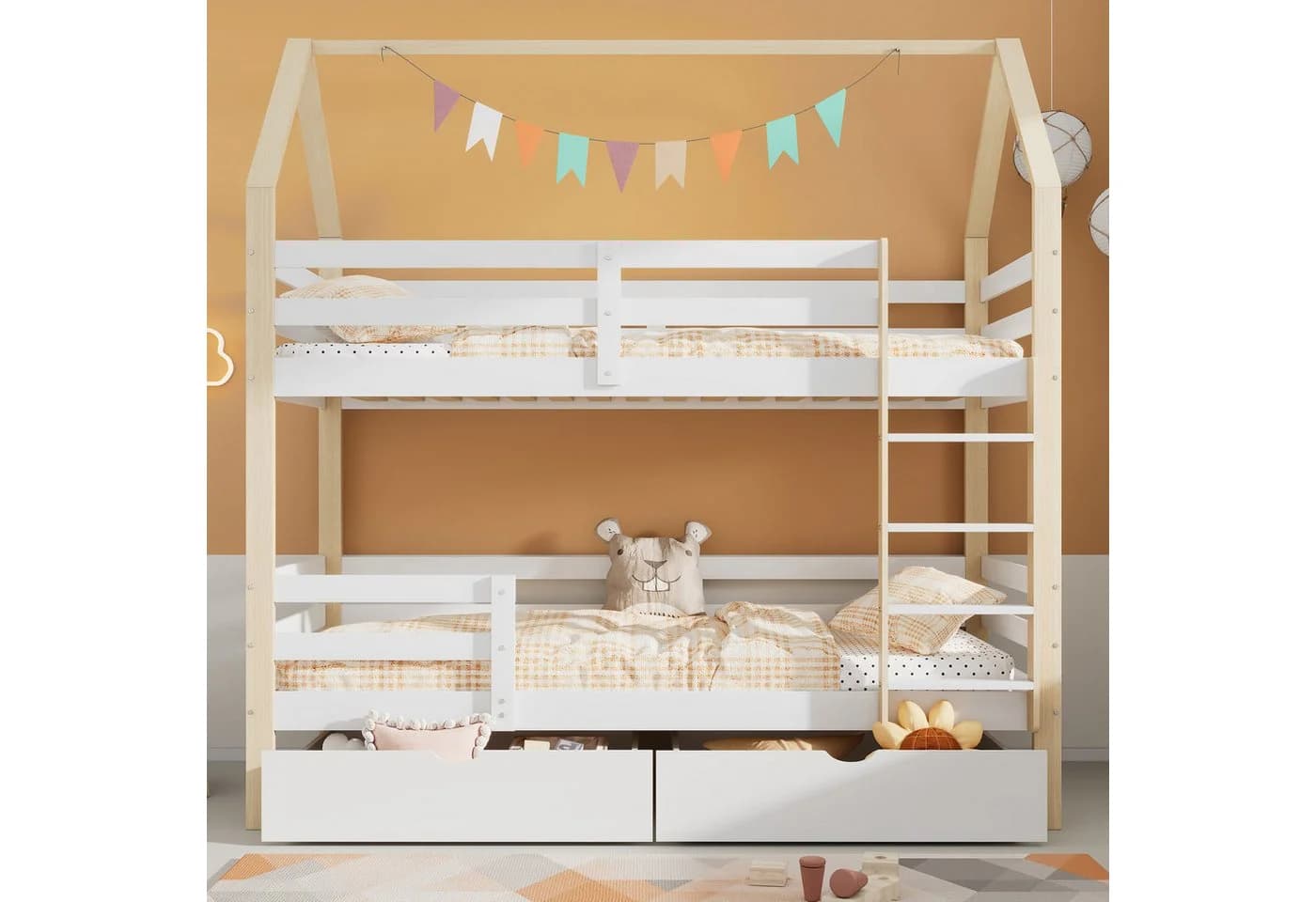 Flieks Etagenbett Kiefer Kinderbett mit 2 großen Schubladen 90x200 cm