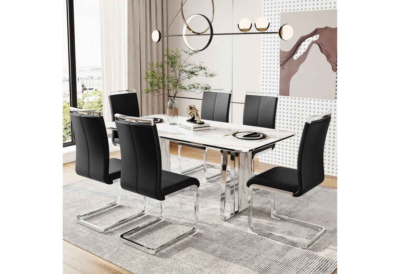 Merax Freischwinger 4er Set Esszimmerstuhl Weiß Silber Kunstleder - Bild 2