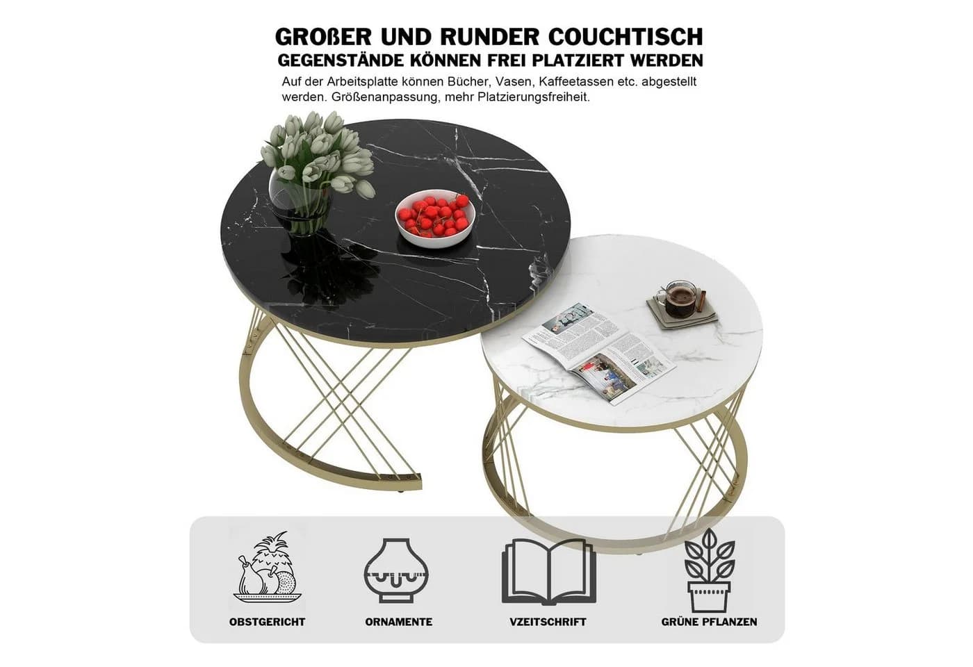 Merax Satztisch Set 2-tlg. Schwarz-Weiß Marmoroptik Gold Metallrahmen