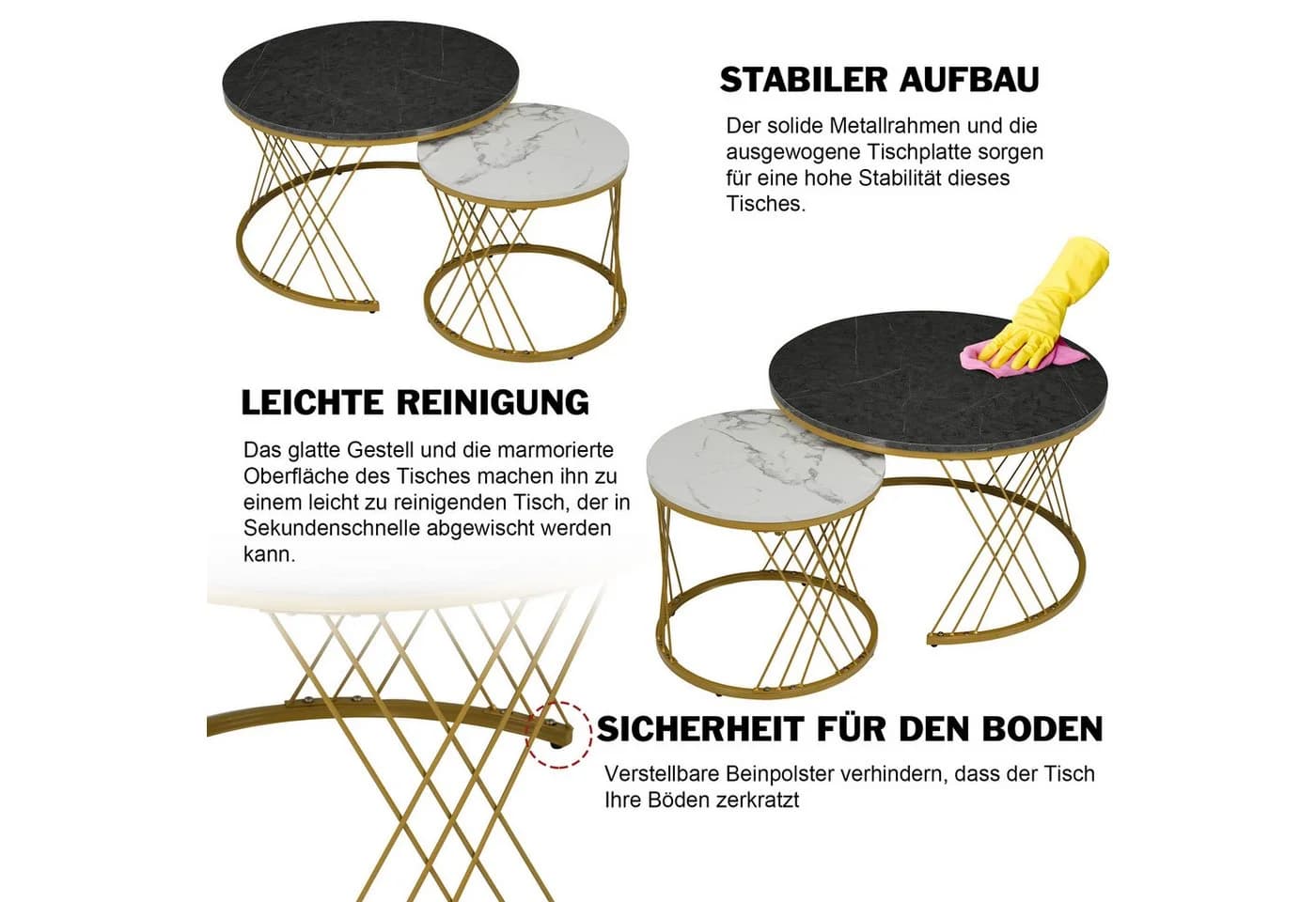 Merax Couchtisch Set rund Marmoroptik Grau/Weiß Gold Hochglanz Satztisch - Bild 5