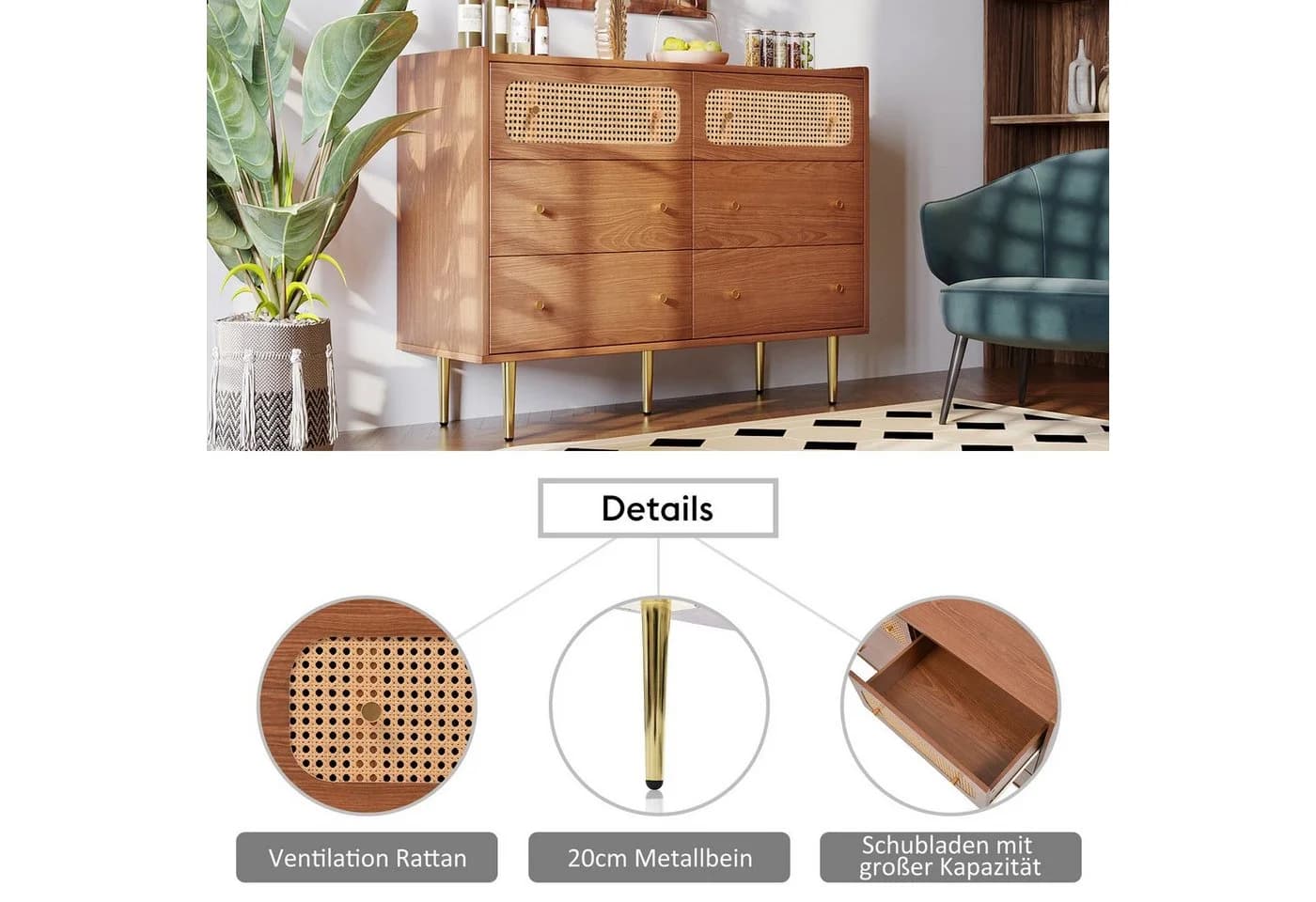 Merax Kommode Rattan Nussbaum 6 Schubladen Sideboard Highboard - Bild 3