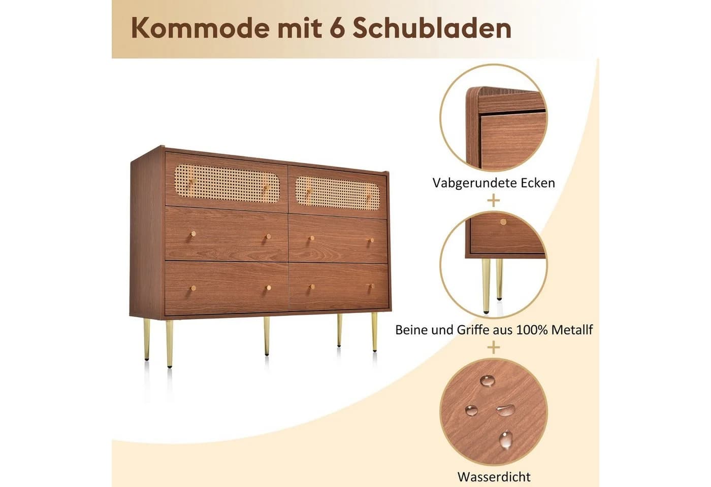 Merax Kommode Rattan Nussbaum 6 Schubladen Sideboard Highboard - Bild 4
