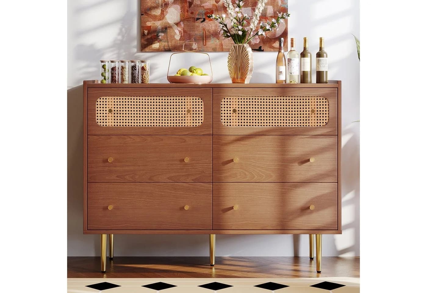 Merax Kommode Rattan Nussbaum 6 Schubladen Sideboard Highboard - Bild 5