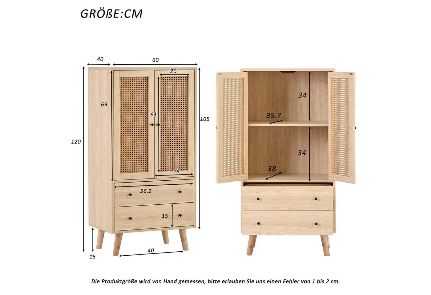 Flieks Kommode Sideboard 2 Schubladen 2 Türen Massivholz Natur - Bild 3