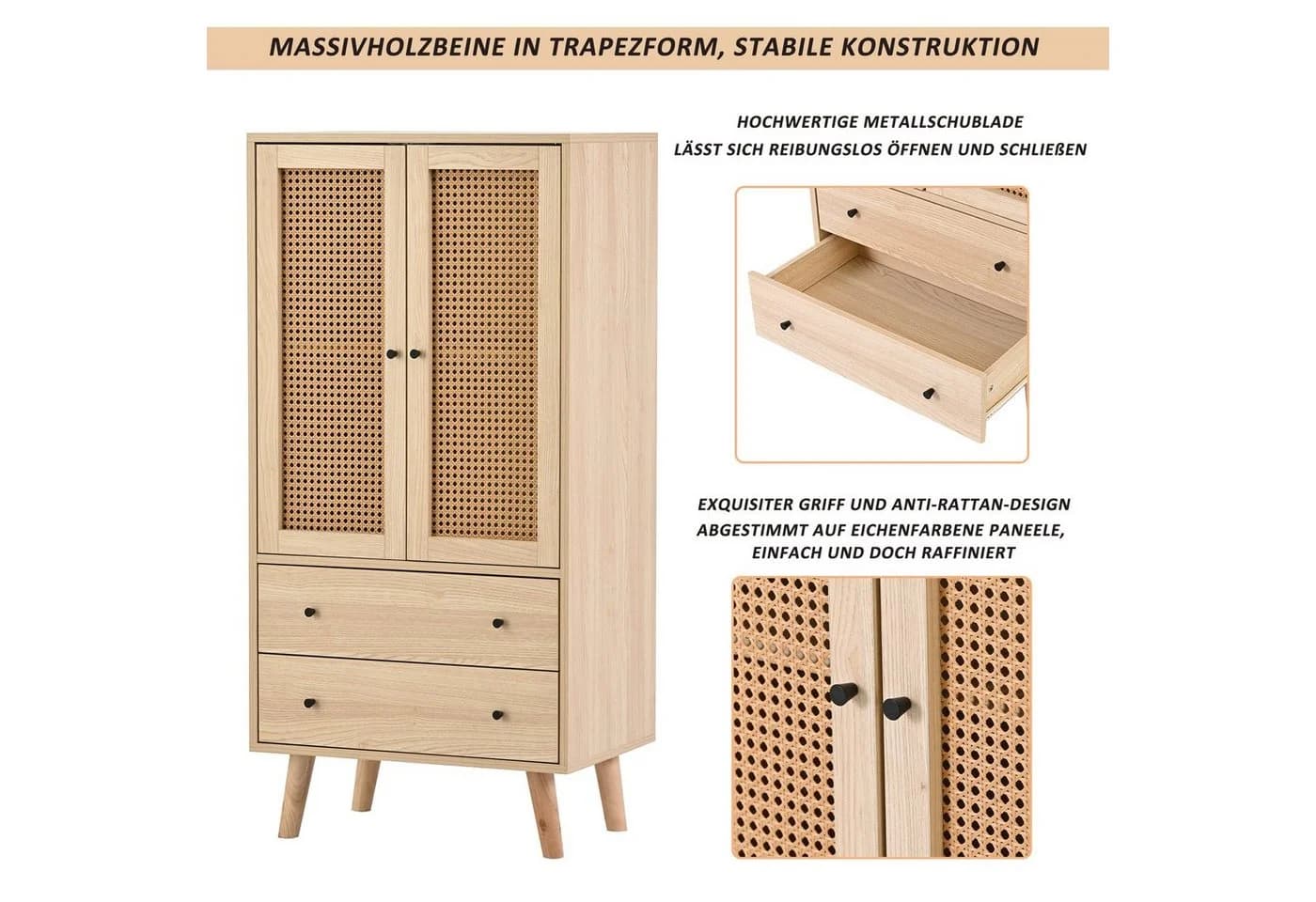 Flieks Kommode Sideboard 2 Schubladen 2 Türen Massivholz Natur - Bild 4