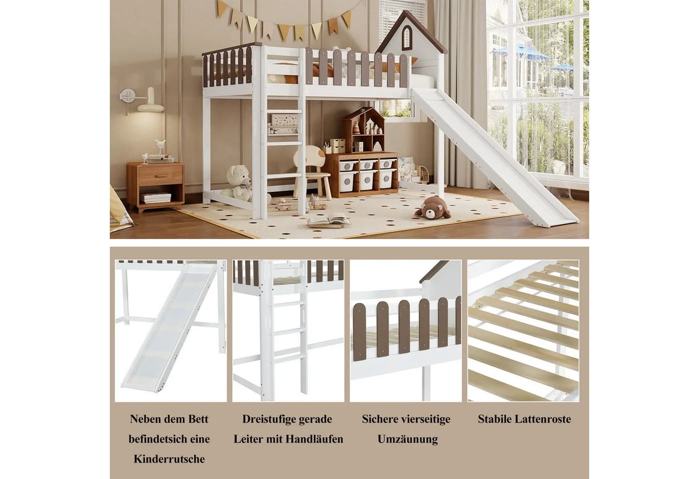 Merax Hochbett Haus-Design Weiß mit Rutsche und Leiter - Bild 4