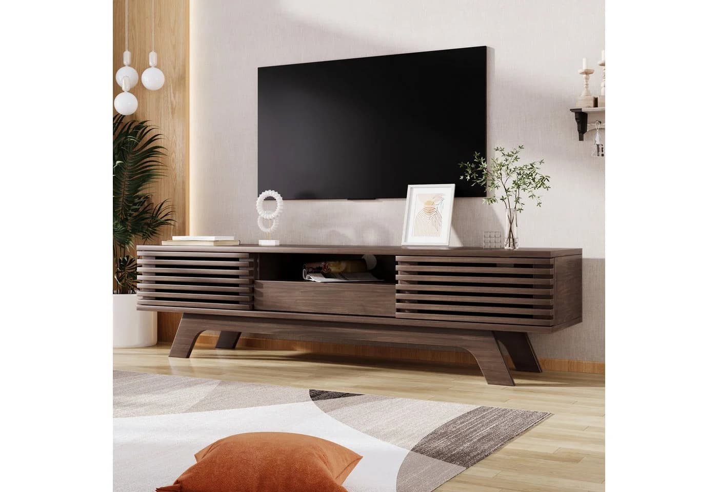 Merax Lowboard TV-Schrank Retro Walnuss Holzbeine - Bild 2