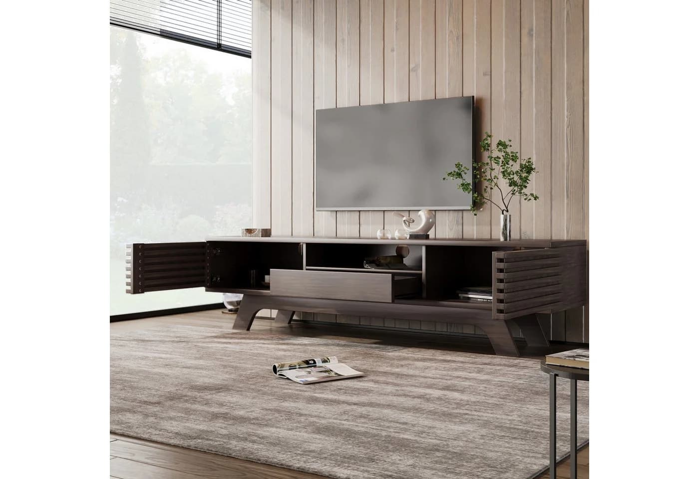 Merax Lowboard TV-Schrank Retro Walnuss Holzbeine - Bild 3