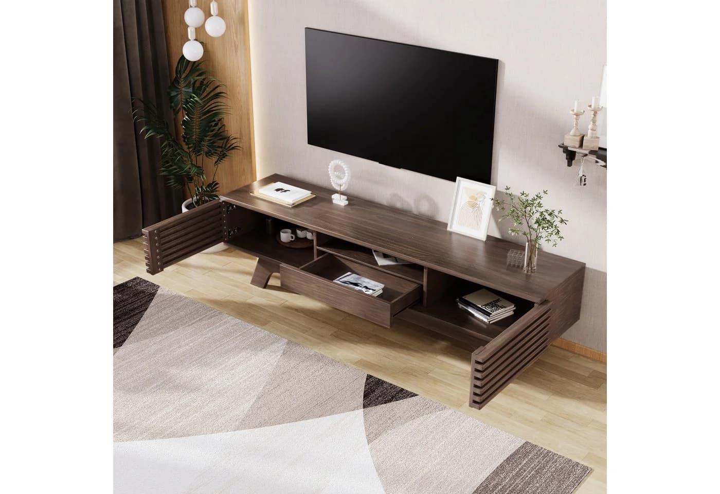 Merax Lowboard TV-Schrank Retro Walnuss Holzbeine - Bild 4