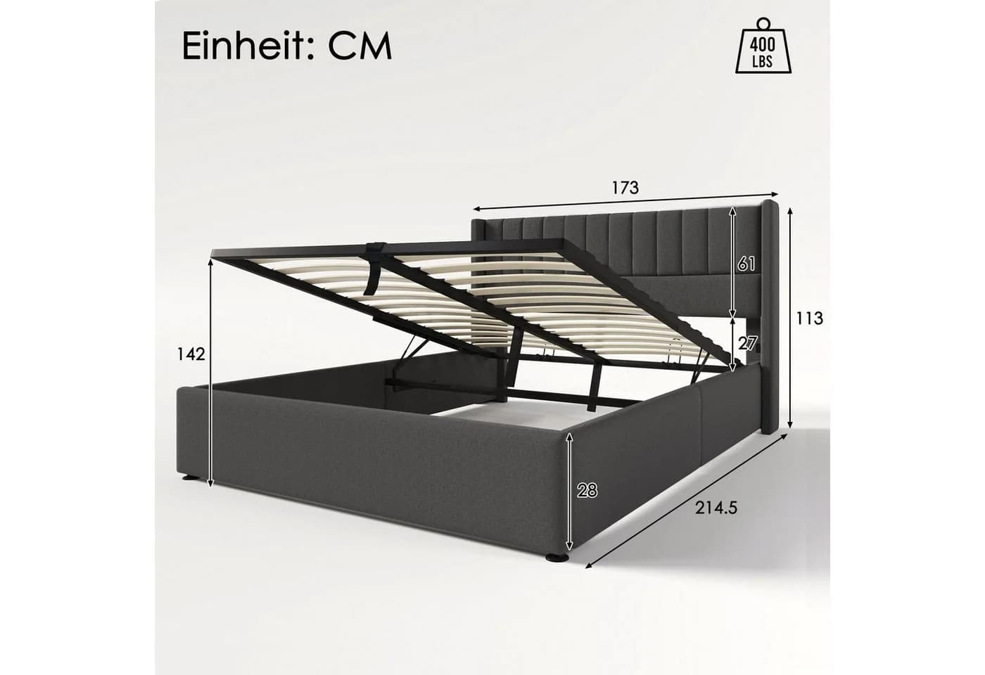 Flieks Polsterbett Grau Hydraulisches Stauraumbett Leinen - Bild 4