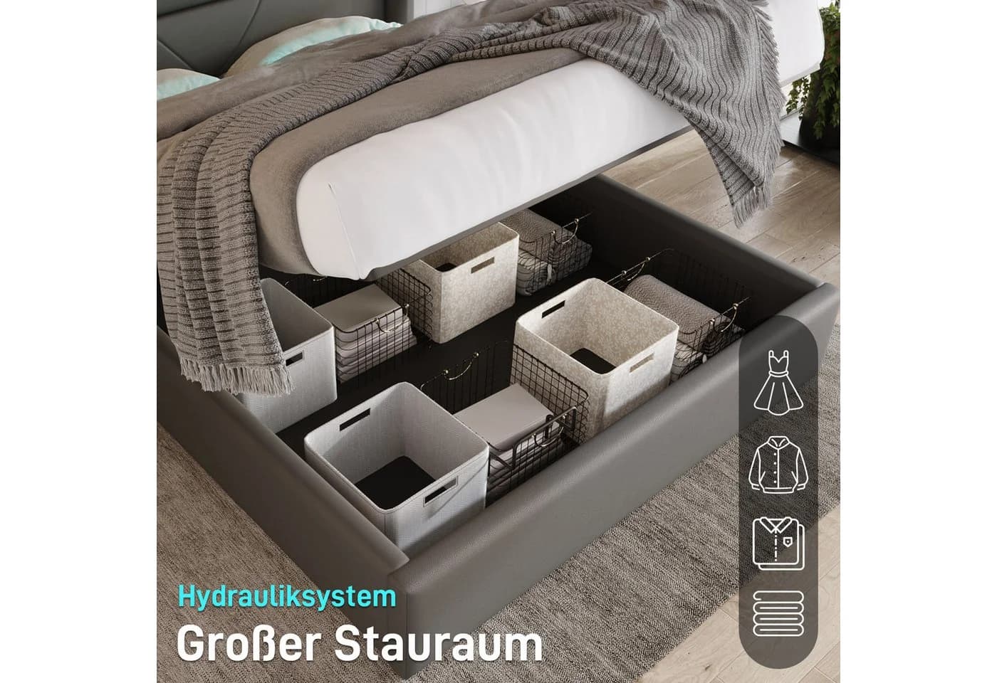 Flieks Polsterbett Grau LED Hydraulischer Stauraum Kunstleder - Bild 5