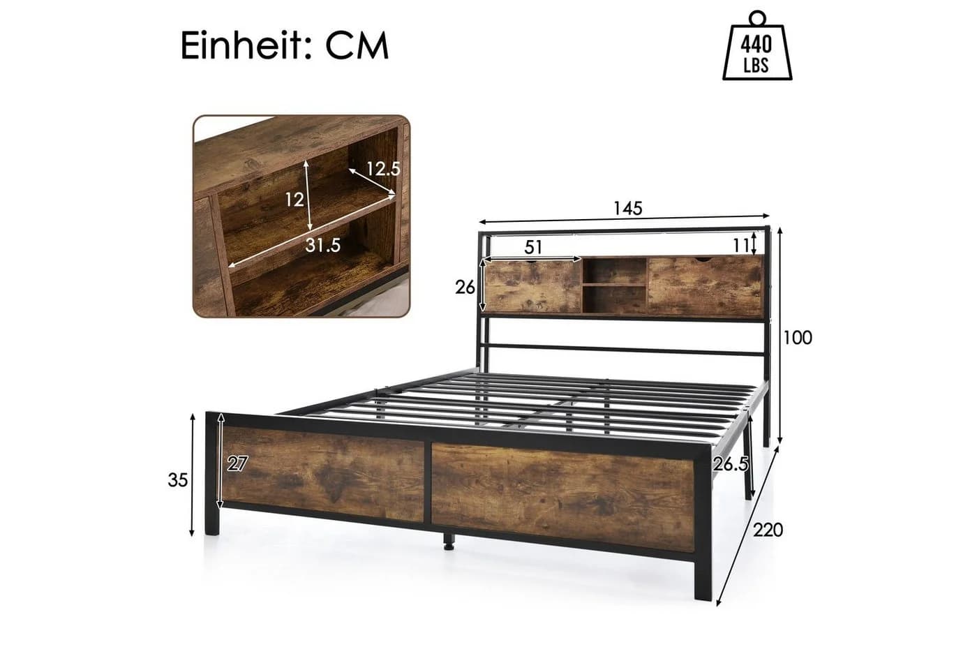 Flieks Metallbett 140x200cm mit Stauraum Schwarz - Bild 4