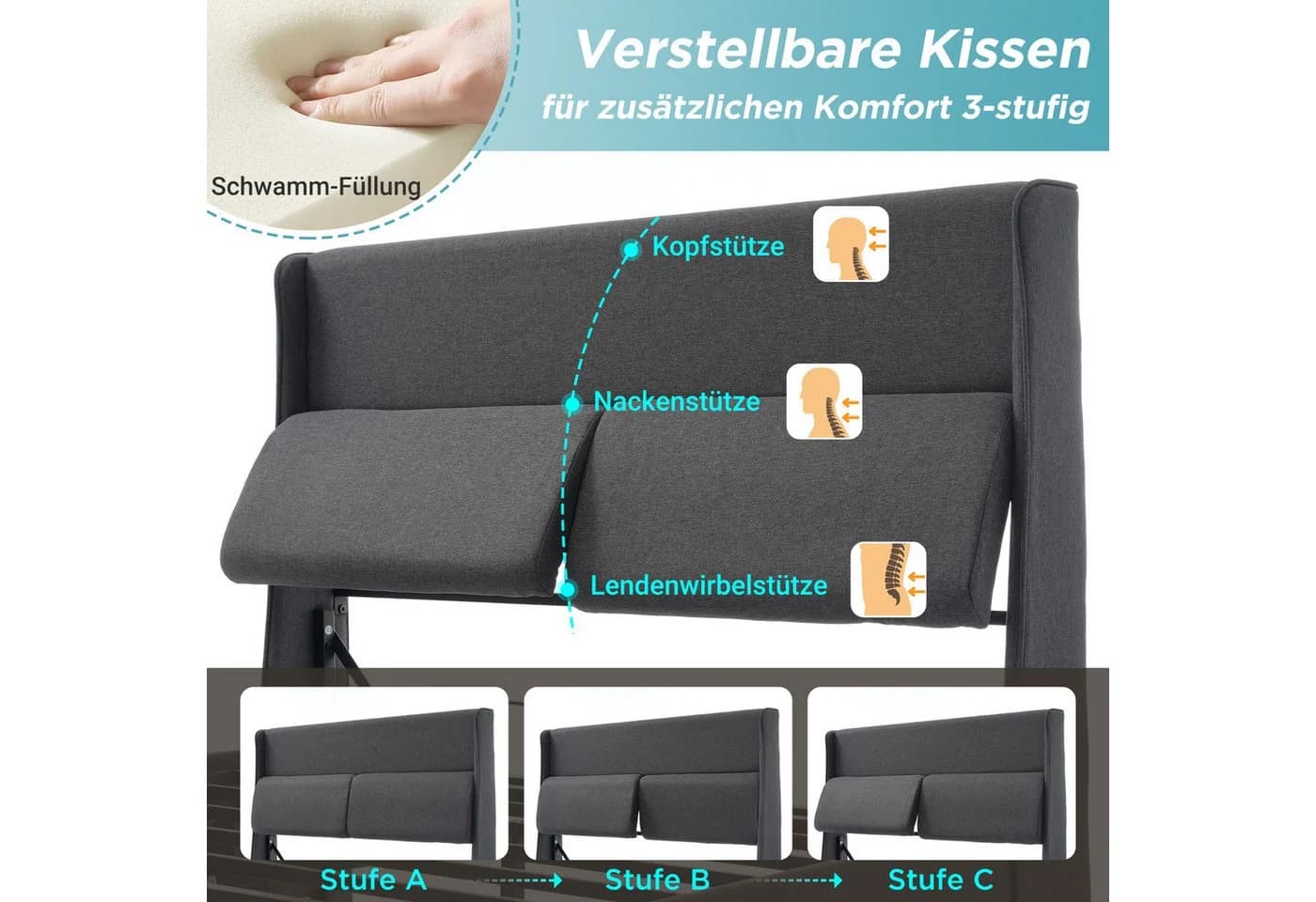 Flieks Polsterbett Grau Leinen Stauraumbett mit verstellbaren Kopfstützen - Bild 5