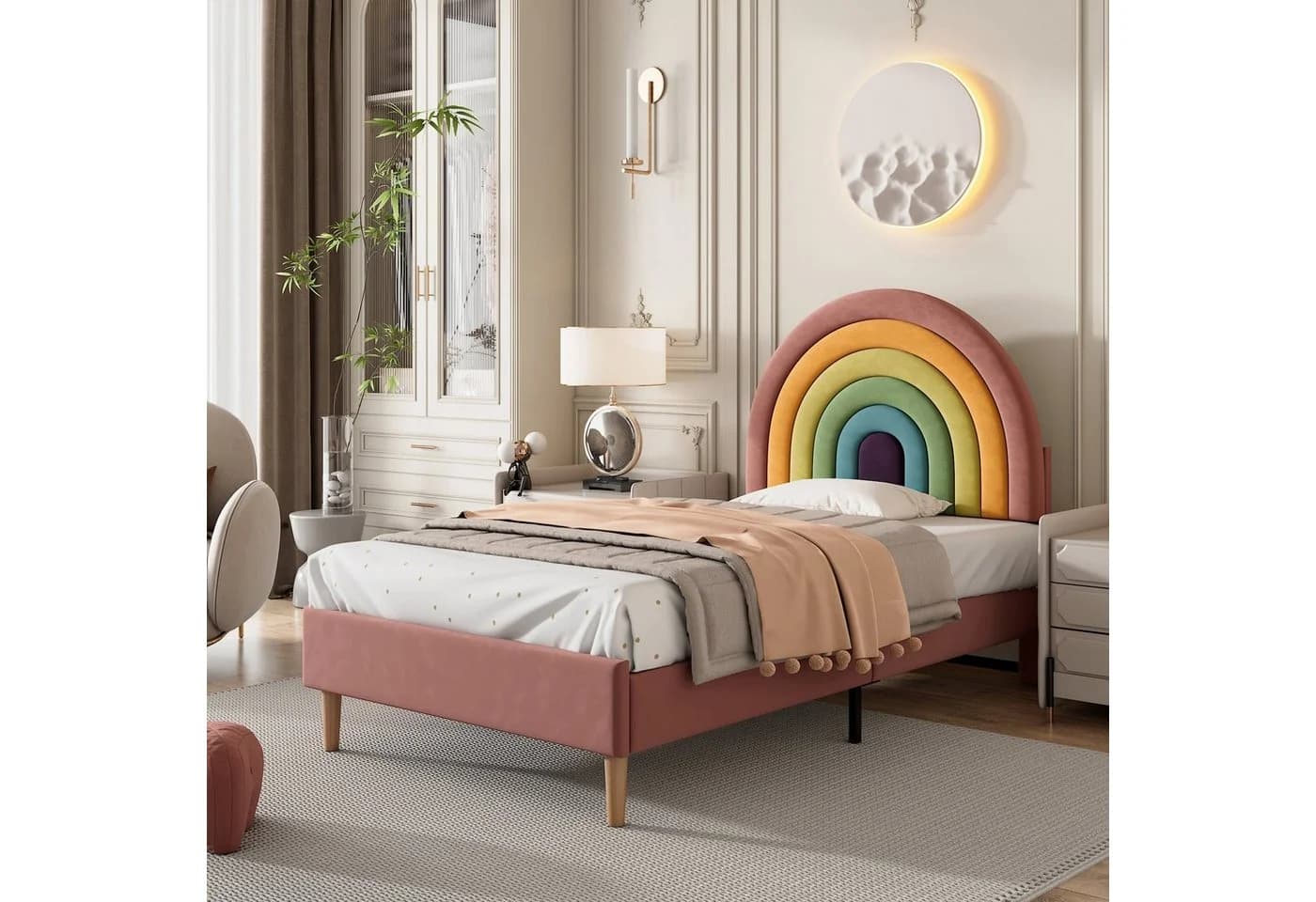 Flieks Kinderbett mit verstellbarem Regenbogen-Kopfteil 90x200cm Samt