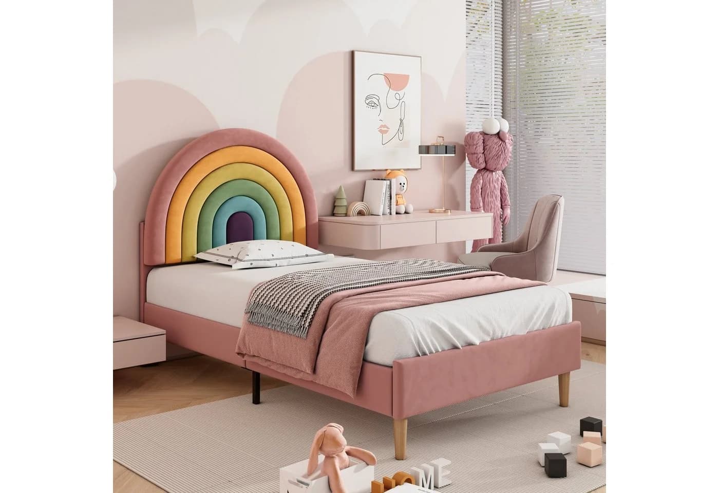 Flieks Kinderbett mit verstellbarem Regenbogen-Kopfteil 90x200cm Samt - Bild 2