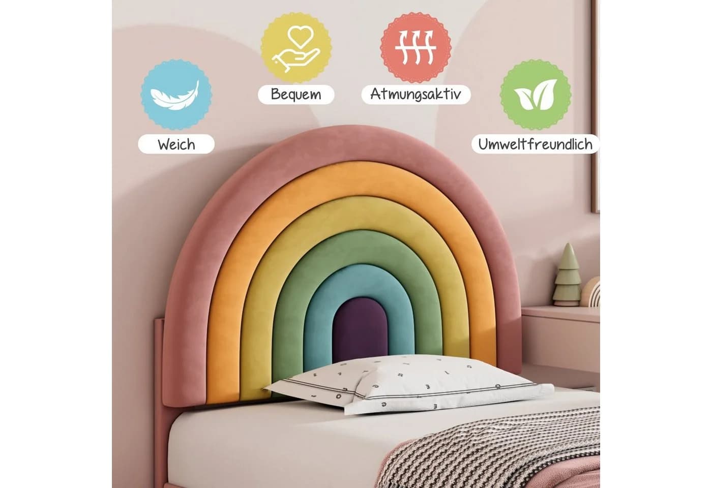 Flieks Kinderbett mit verstellbarem Regenbogen-Kopfteil 90x200cm Samt - Bild 3