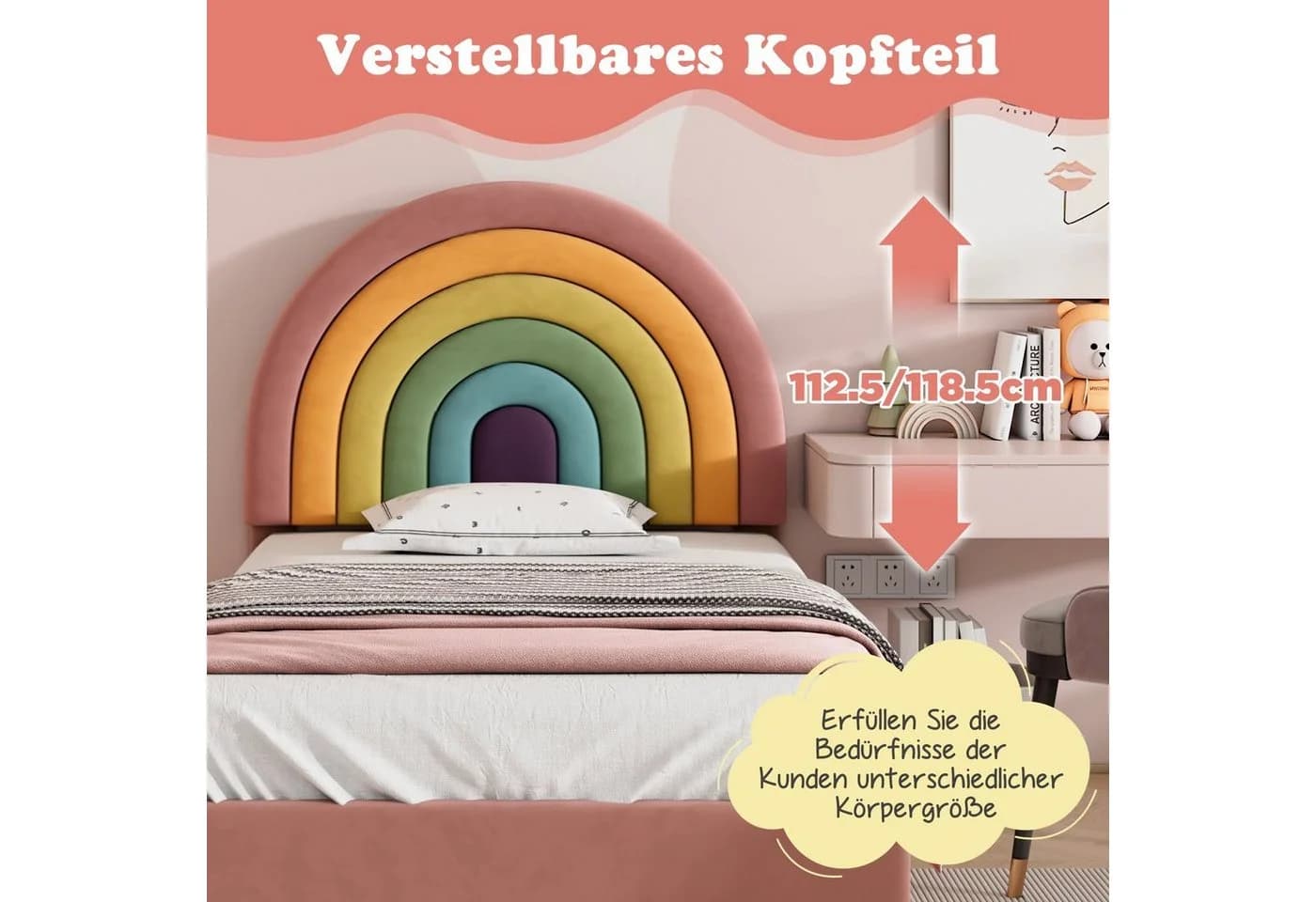 Flieks Kinderbett mit verstellbarem Regenbogen-Kopfteil 90x200cm Samt - Bild 4