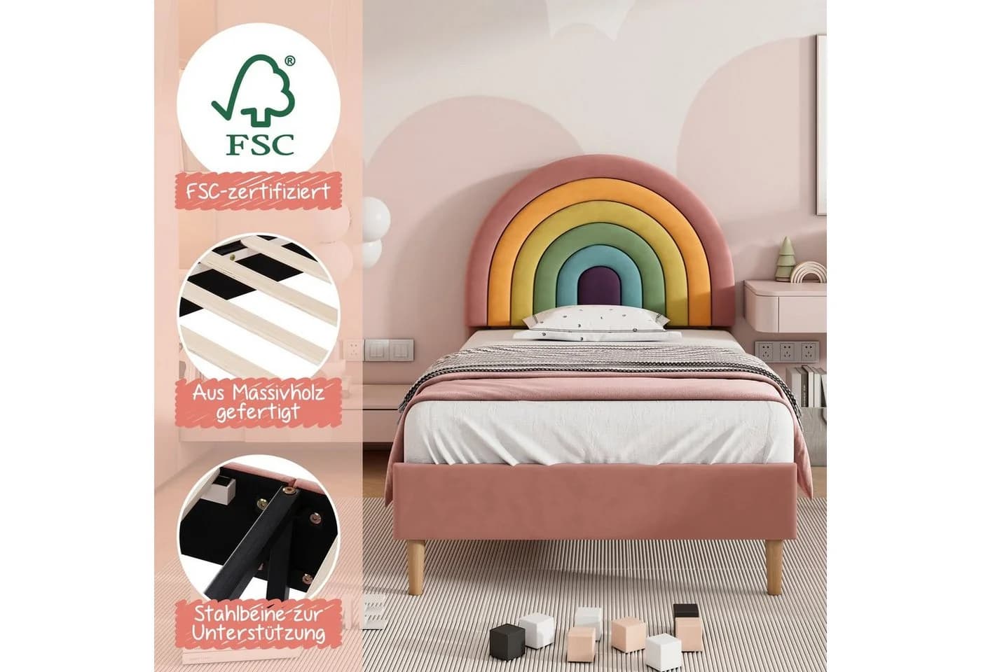 Flieks Kinderbett mit verstellbarem Regenbogen-Kopfteil 90x200cm Samt - Bild 5