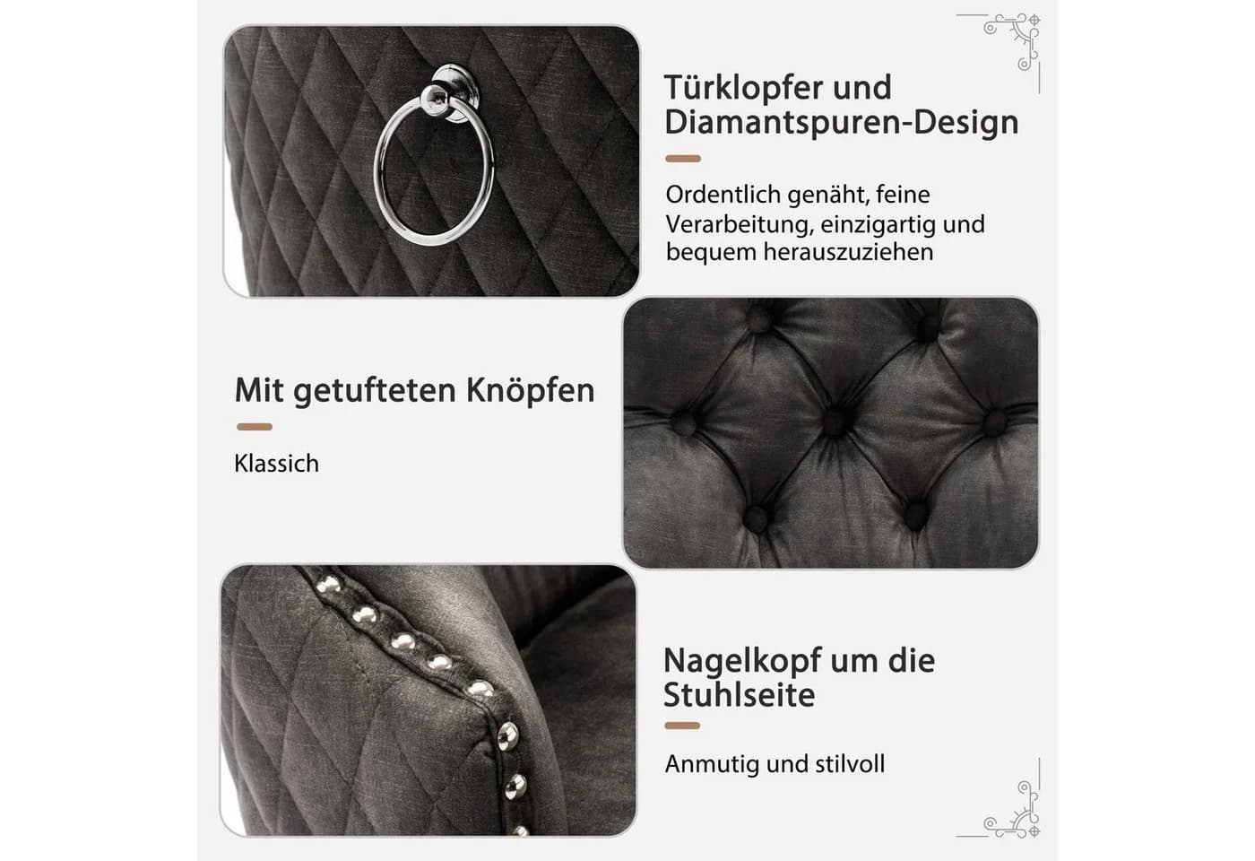 Flieks Esszimmerstuhl 6er Set Dunkelgrau Samt Polsterstühle - Bild 4