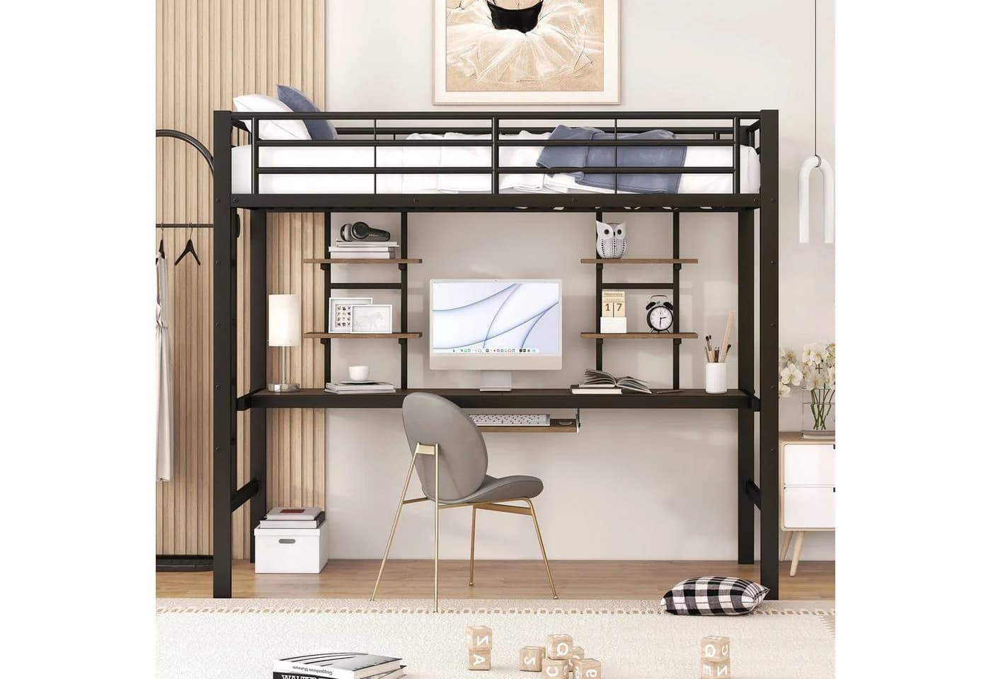 Flieks Hochbett Metallbett Kinderbett mit Schreibtisch & Regal 90x200cm