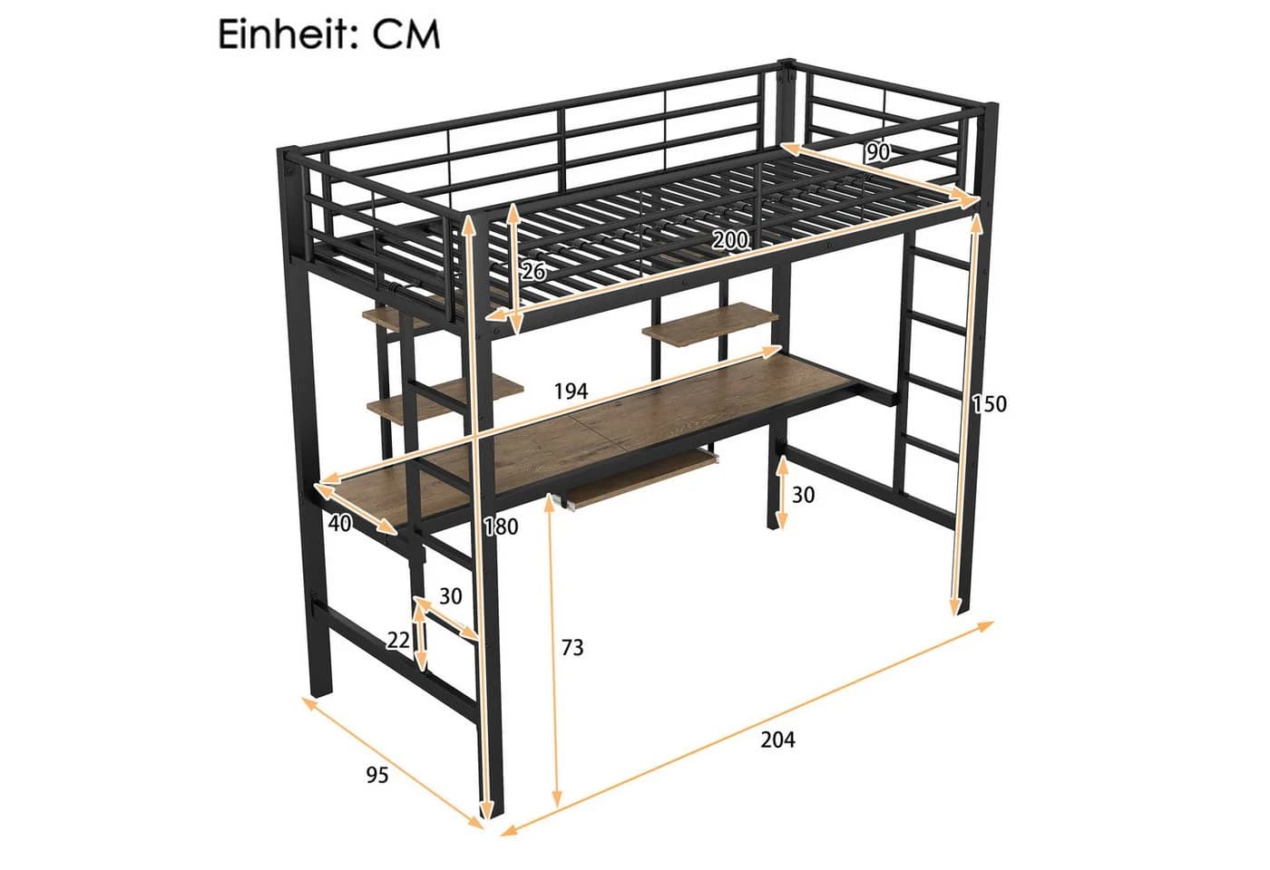 Flieks Hochbett Metallbett Kinderbett mit Schreibtisch & Regal 90x200cm - Bild 3