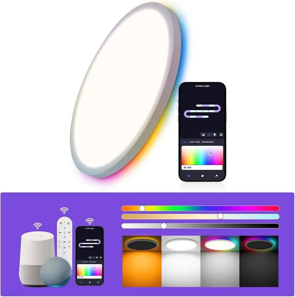 Athlix LED Deckenleuchte Flach Rund 29 cm Deckenleuchte Dimmbar, LED fest integriert, 24 W, Fernbedienung, App-Steuerung, 16 Mio. Farben - Bild 2