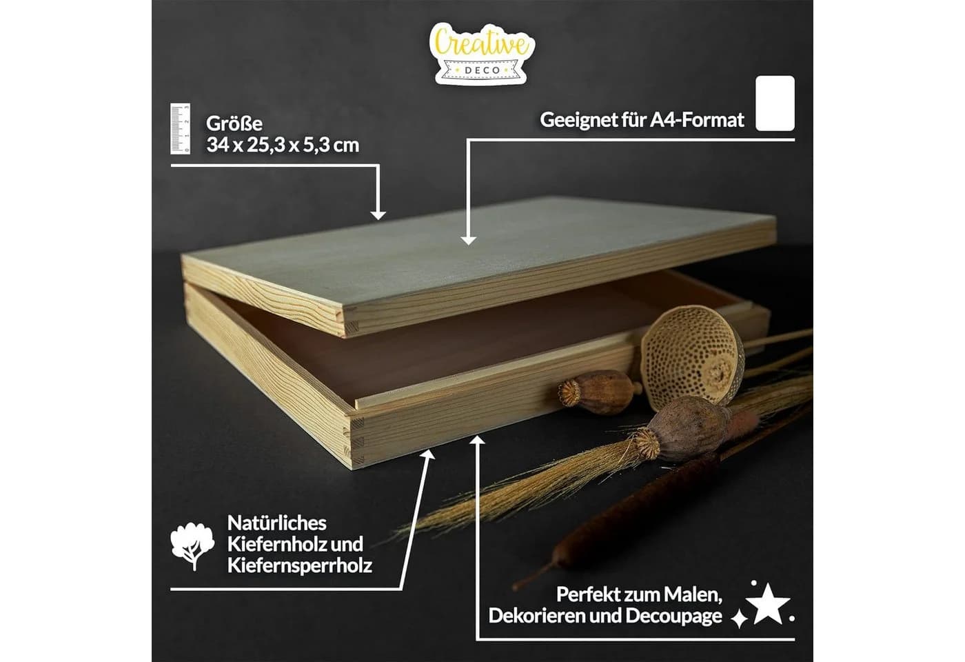 Creative Deco Holzkiste A4 mit Deckel Unlackierte Aufbewahrungsbox - Bild 4