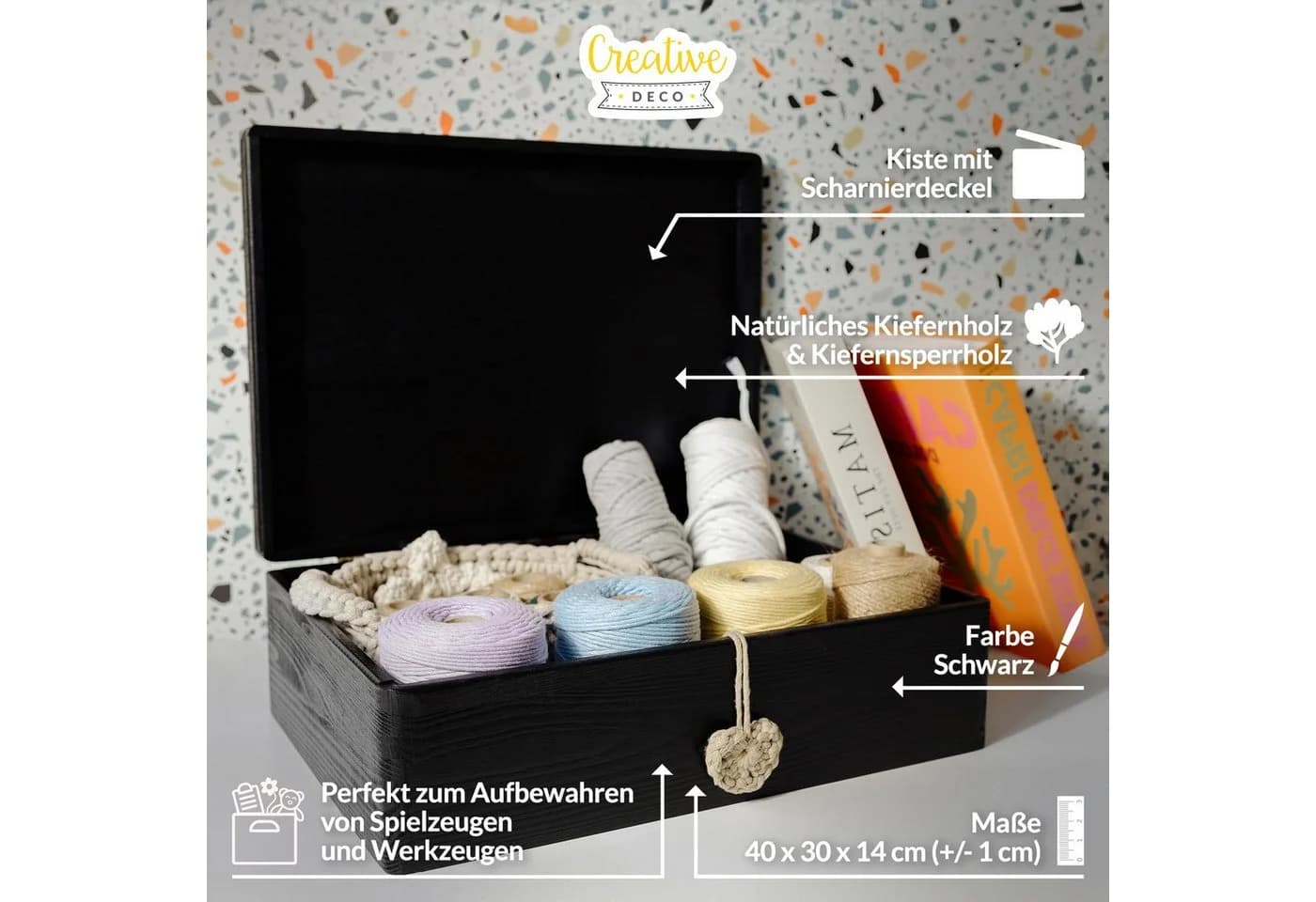 Creative Deco Aufbewahrungsbox XL Holzkiste mit Deckel Schwarz - Bild 4