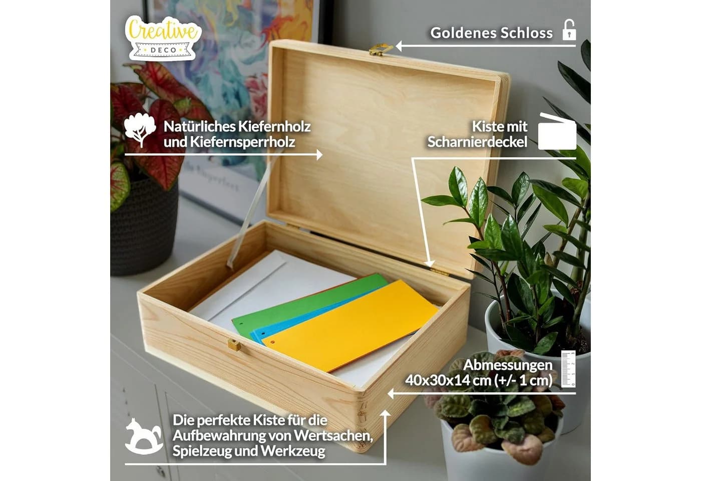 Creative Deco Holzkiste Natur mit Deckel und Schloss - Bild 3