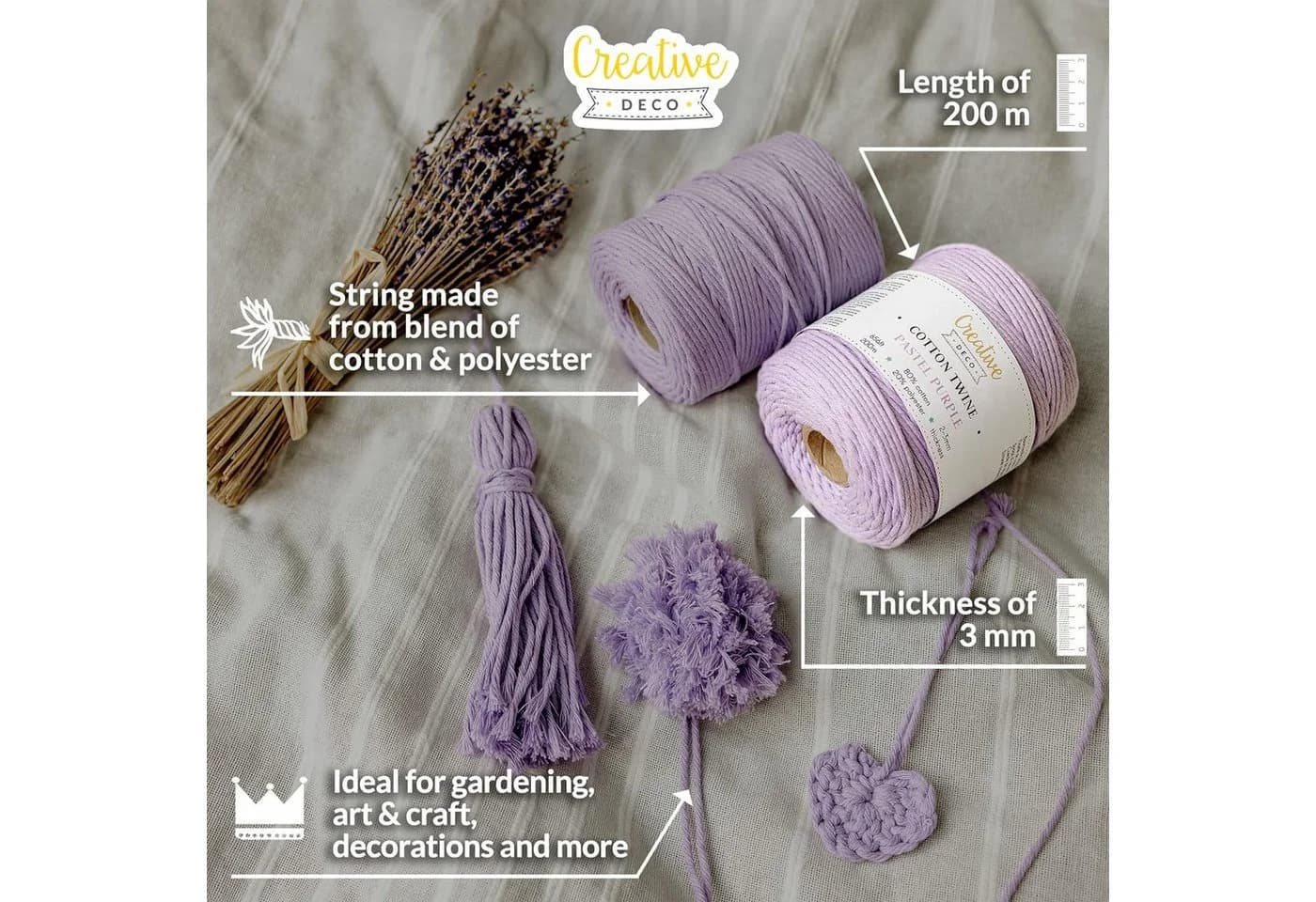 Creative Deco Makramee Garn 2-3 mm Baumwoll Polyester 200 m Pastellila - Bild 4