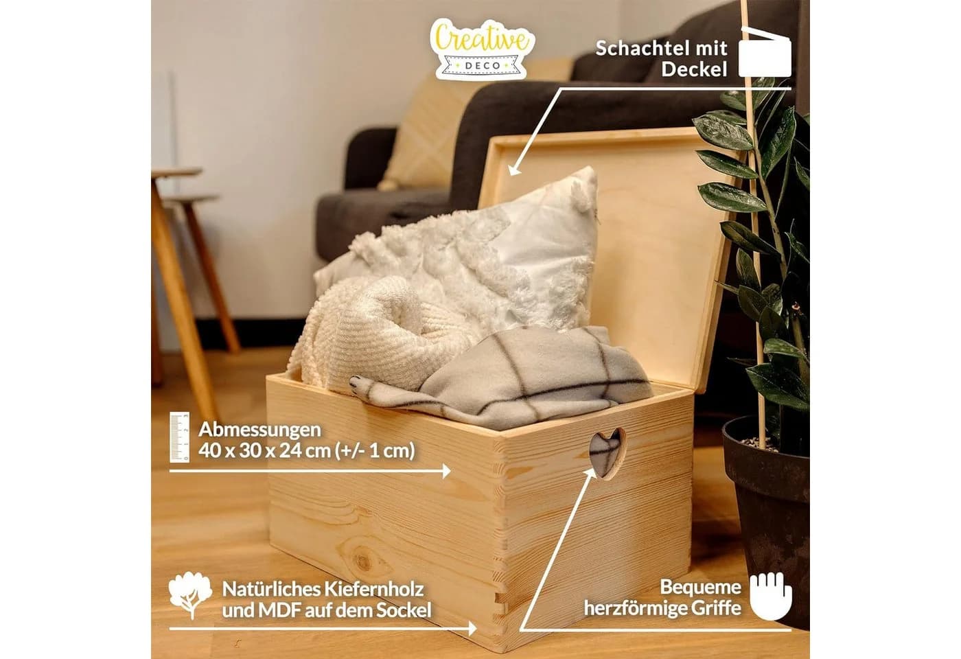 Creative Deco Aufbewahrungsbox Holzkiste mit Deckel und herzförmigen Griffen - Bild 4