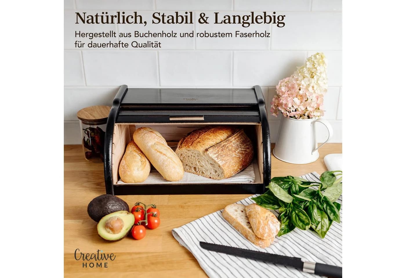 Creative Home Brotkasten Holz Schwarz mit Rolldeckel - Bild 4