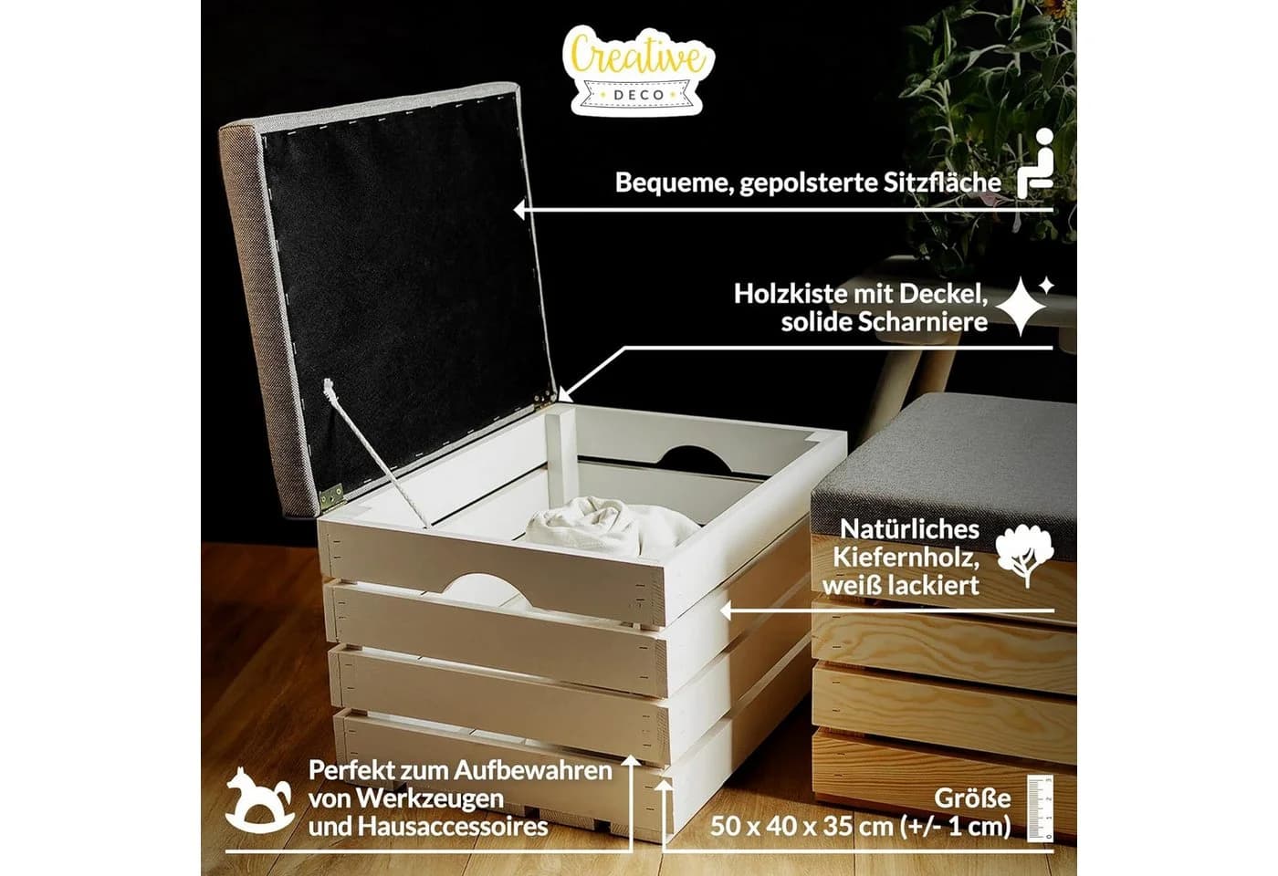 Creative Deco Sitzhocker mit Stauraum Weiß/Grau - Bild 4