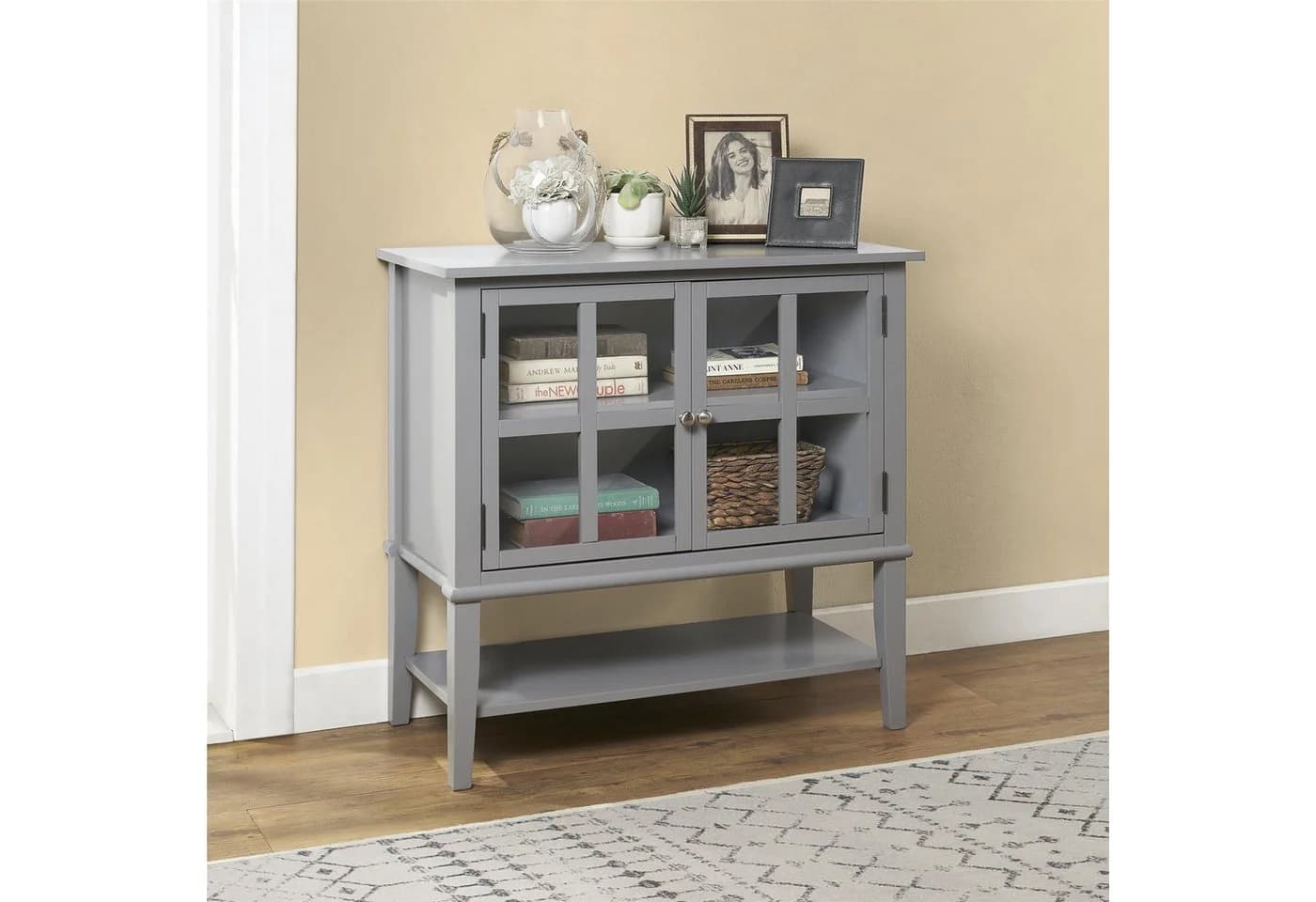 loft24 Highboard Franklin Vitrine Sideboard grau Glastüren Landhausstil