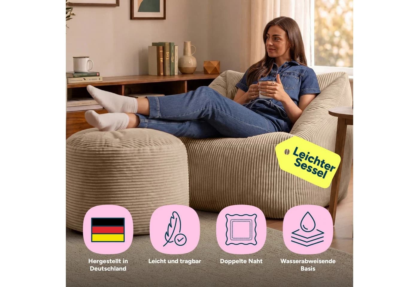 ICON Sitzsack XXL Cord Flauschig Natalia mit Sitzpouf - Bild 3