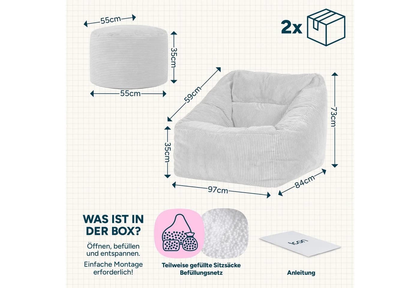 ICON Sitzsack XXL Cord Flauschig Natalia mit Sitzpouf - Bild 5