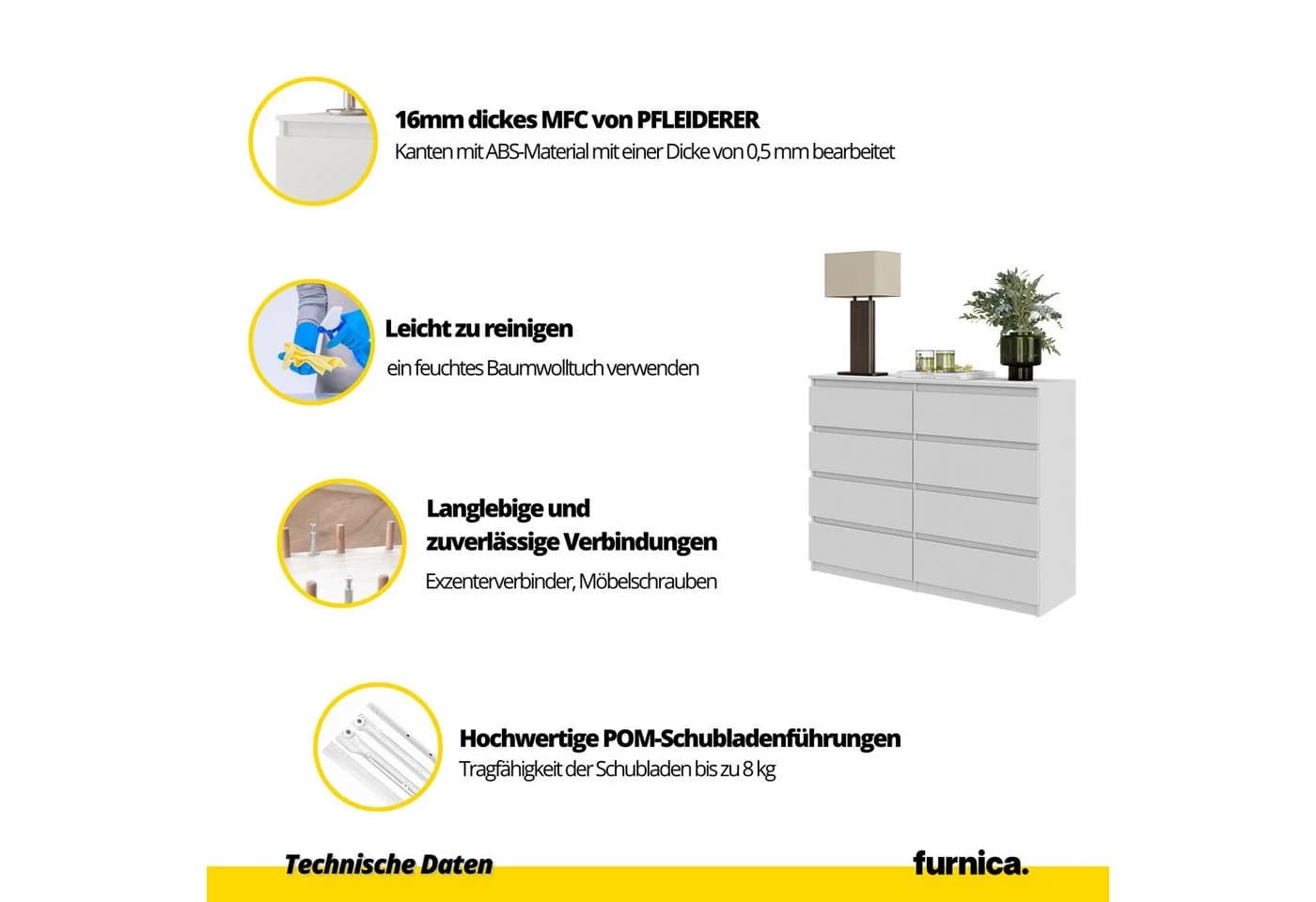 Furnica Kommode GABRIEL 8 Schubladen Weiß Matt - Bild 5