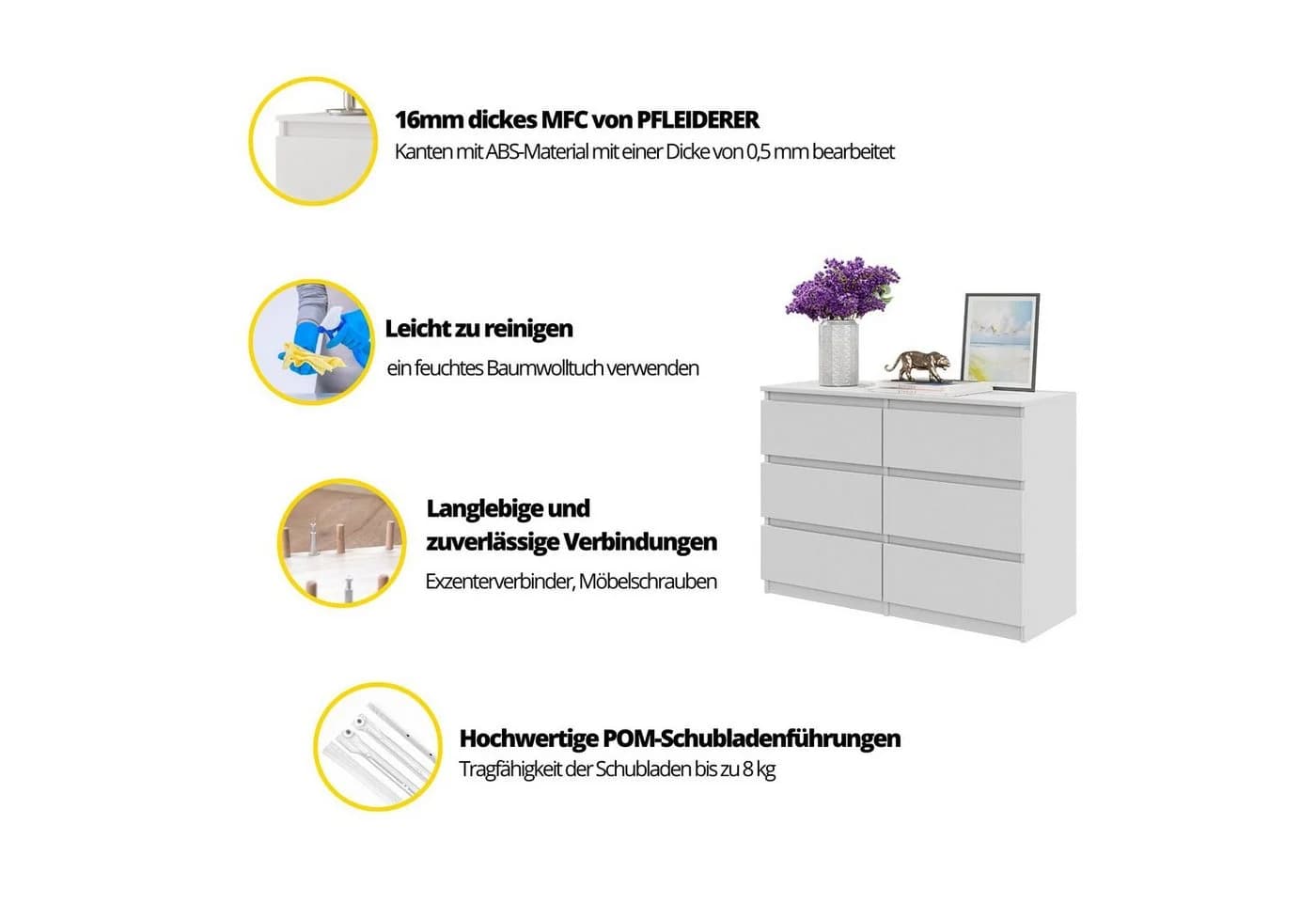 Furnica Kommode GABRIEL 6 Schubladen Weiß Matt - Bild 5