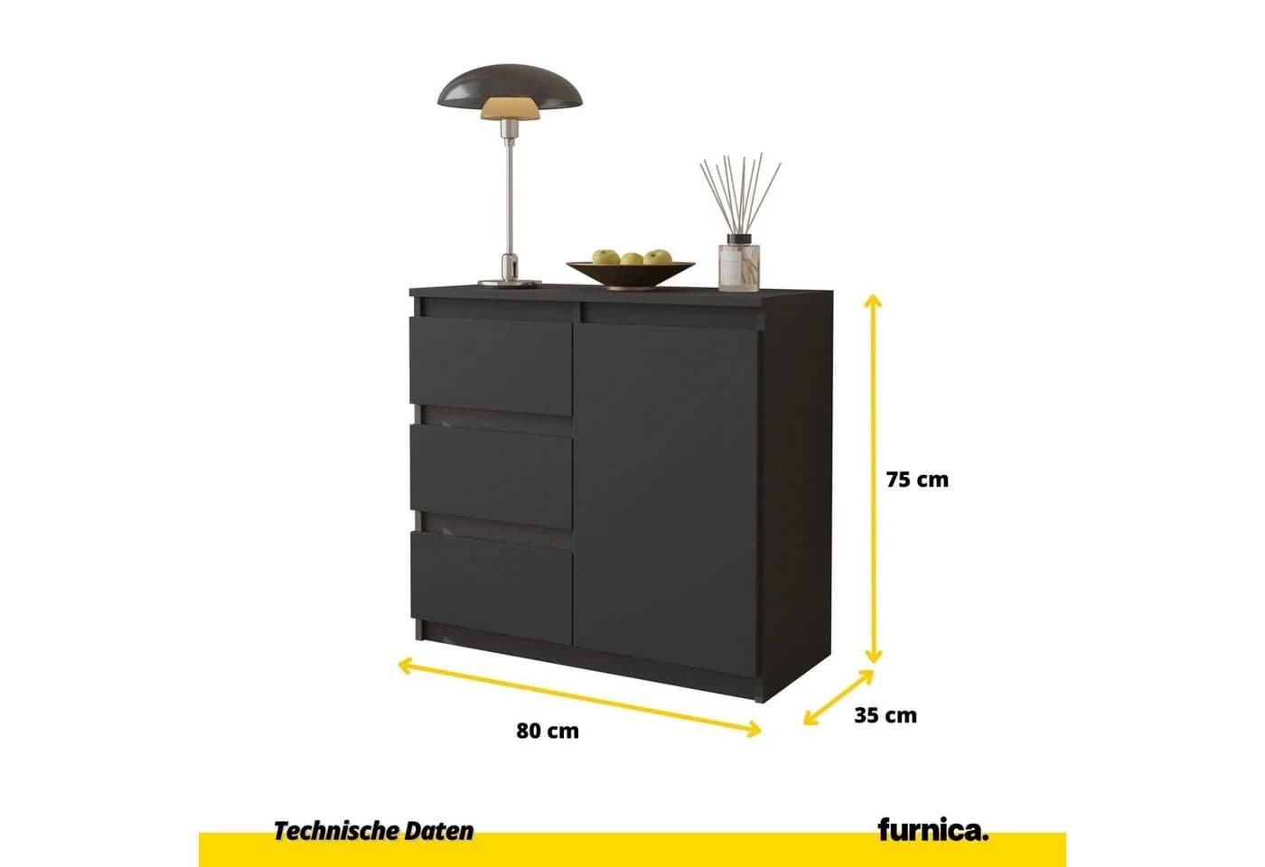 Furnica Kommode MIKEL 3 Schubladen 1 Tür Anthrazit Grau Modern