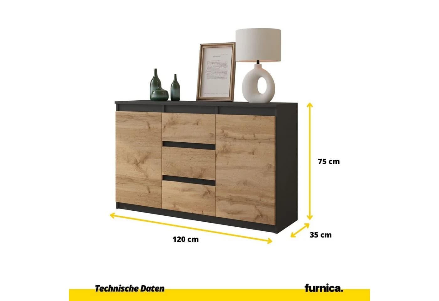 Furnica Kommode MIKEL 3 Schubladen 2 Türen Anthrazit Grau