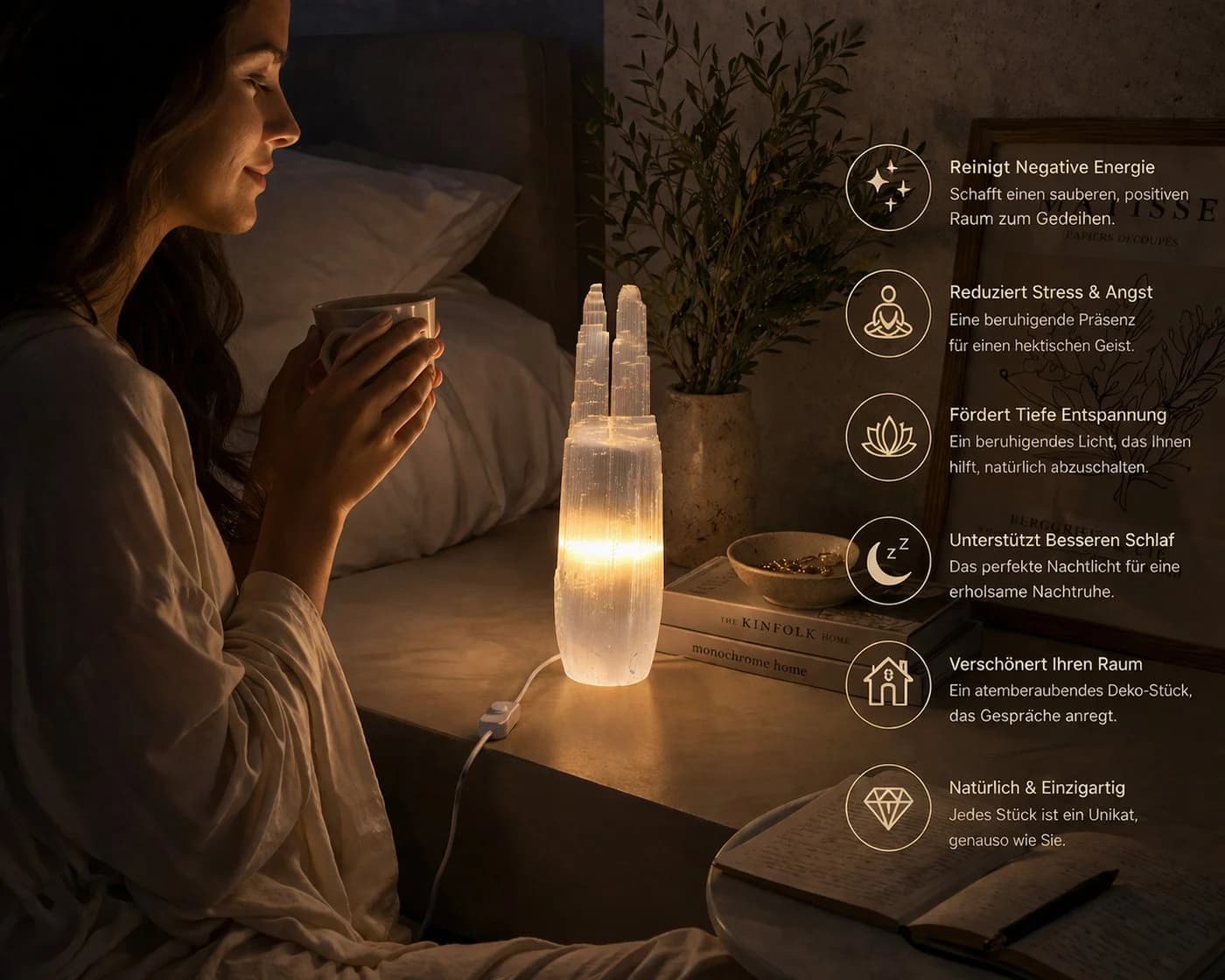 Heimtex Salzkristall-Tischlampe Selenit-Turm Lampenset Zwillings-Türme USB
