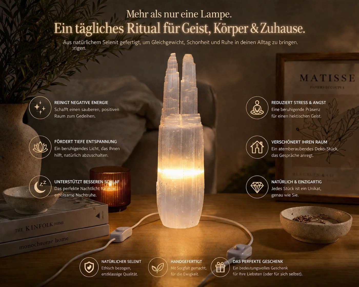Heimtex Salzkristall-Tischlampe Selenit-Turm Lampenset Zwillings-Türme USB - Bild 3